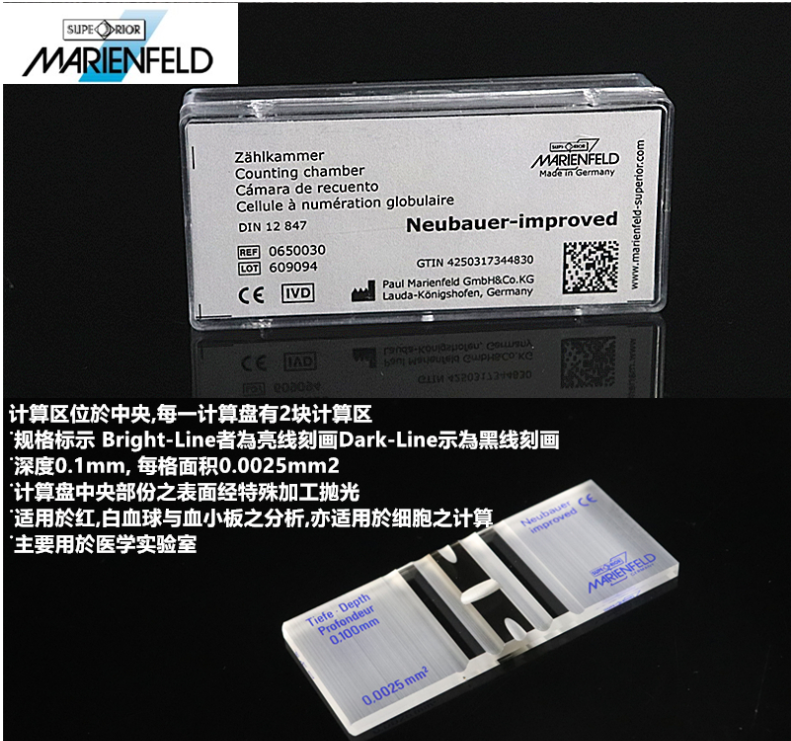 0650030，MARIENFELD 血球計數板 亮線銀底